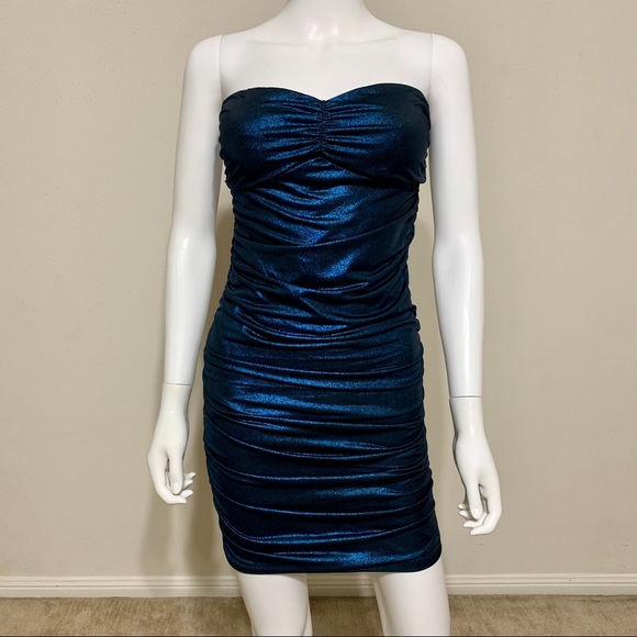 Forever 21 blue metallic ruched strapless dress - Picture 4 of 7